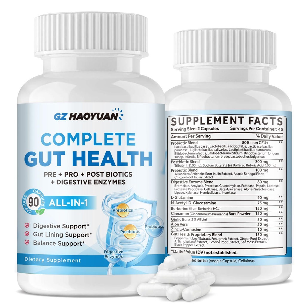 All-in-1 Gut Health with Probiotics, Prebiotics, Postbiotics & Digestive Enzymes for Women & Men, Complete Gut Health & Digestive Support Supplement, Immune Health Support, 90 Capsules