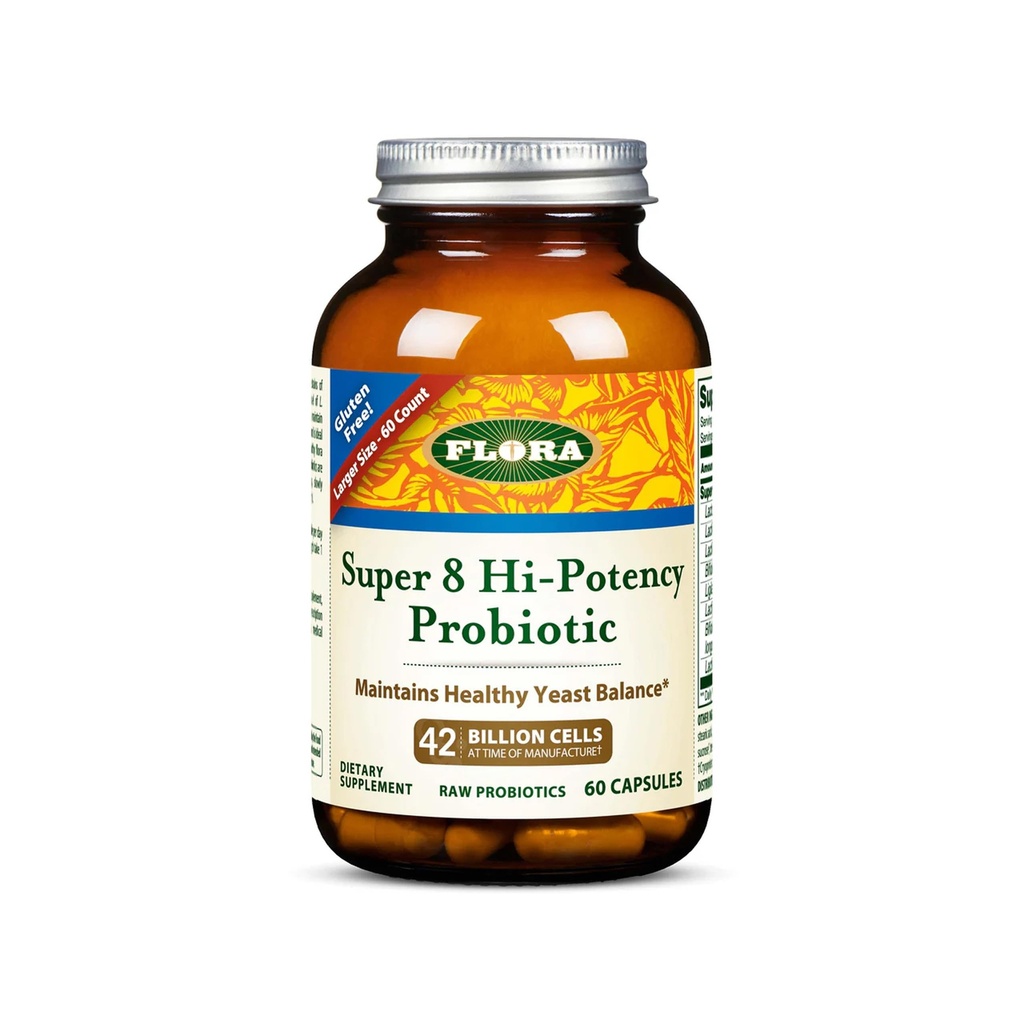 Flora - Super 8 Hi- Potency Probiotic - Daily Probiotic for Gut & Digestive Health - 42 Billion CFU - Indeholder Lactobacillus & Bifidobacterium Sprains - Hold nedkølet - 60 Kapsler