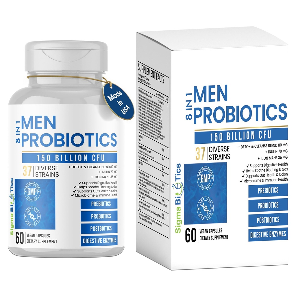 Probiotics for Men - 150 Billion CFU Acidophilus Capsules with Prebiotics & Postbiotics - Supports Gut Microbiome, Colon & Immune Health - 37 Strains with Digestive Enzymes - 60 Vegan Capsules