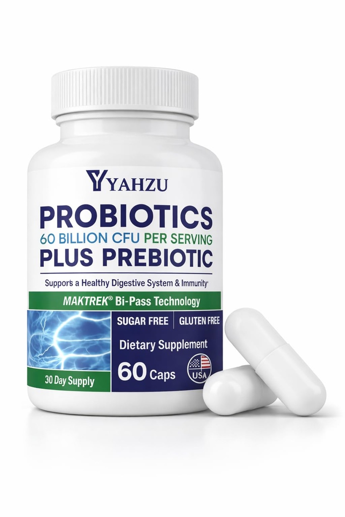 60 Billion CFU Probiotics with Prebiotic Fiber – Synbiotic Digestive & Immune Support for Men & Women, 4 Clinically Researched Strains, 60 Vegan Capsules
