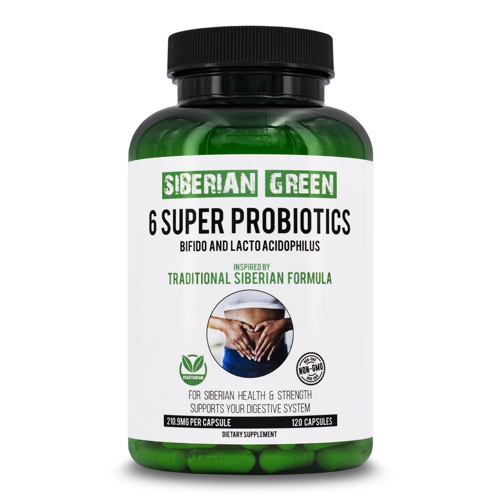 Siberian Green 6 Super Probiotics 120 Capsules - Traditional Formula Rich with Bifido & Lacto Acidophilus to Soothe Digestion, Restore Normal Flora