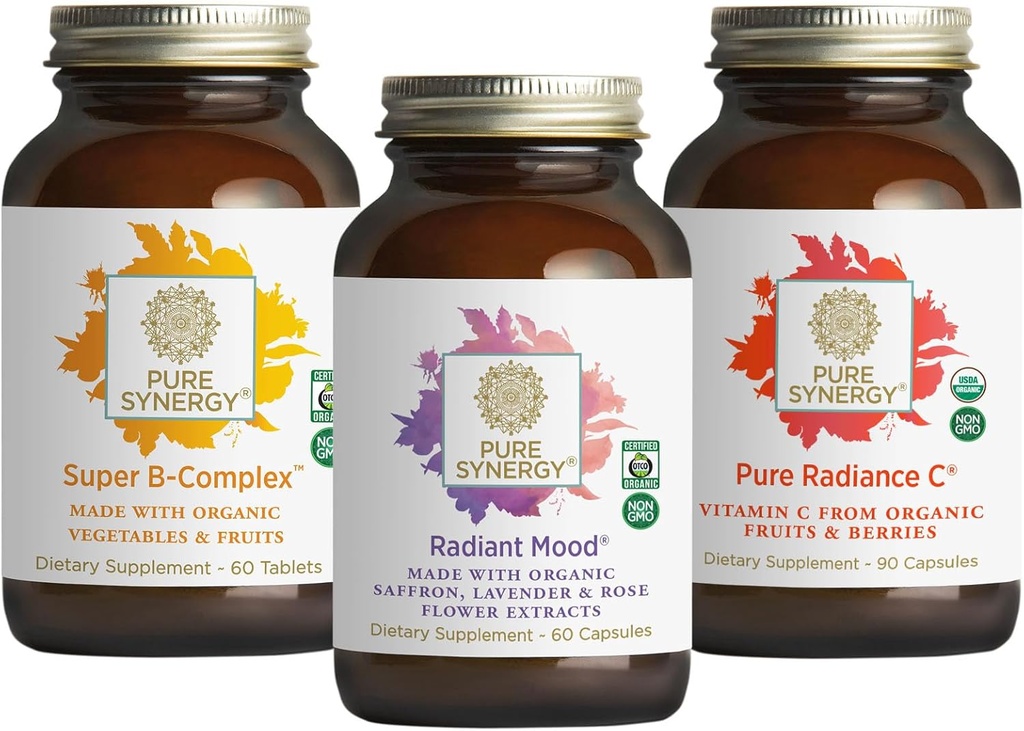 PURE SYNERGY Mood and Adrenal Support Bundle | Mood Support Supplement with Organic Saffron Extract | USDA Organic Vitamin C | Vitamin B Complex Made with Whole Foods | Non-GMO and Vegan