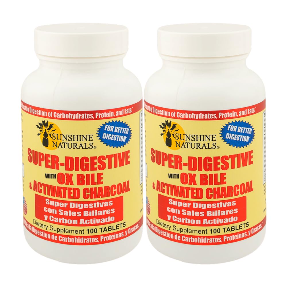 Sunshine Naturals Super fordøjelsestillæg. Ox Bile & Aktiveret kul til fordøjelsesstøtte, Bloating Relief, Gut Cleanse, Nutrient Absorption, og Samlet Wellness. 100 tabletter. Pakning med 2