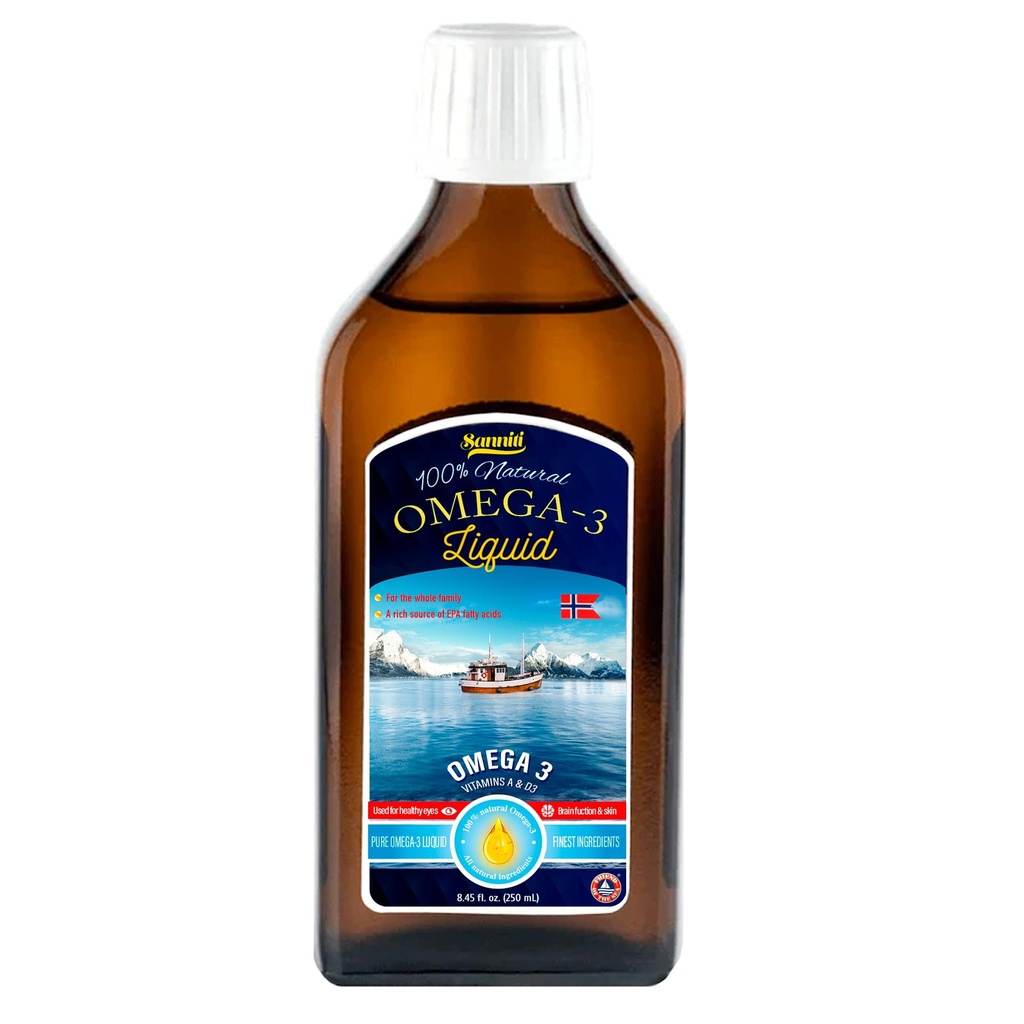 Sanniti 100% Natural Omega-3 Liquid | A Rich Source of EPA Fatty acids | Vitamins A & D3 | Product of Norway Sourced from Anchovies, Sardines, and Other Wild Fish, 8.45 fl. oz