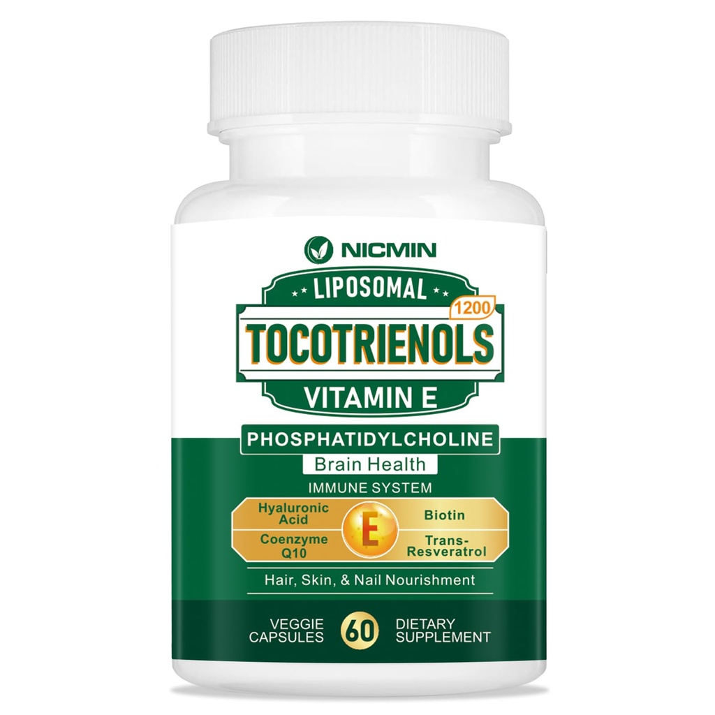 1200MG Vitamin E Tocotrienoler Liposomal Tocotrienoler Supplement med Phosphatidylcholin, 95% Delta- tocotrienoler og 5% Gamma- tocotrienoler, High Absorption for Heart, Brain Function 60 Kapsler