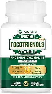 1200MG Vitamin E Tocotrienoler Liposomal Tocotrienoler Supplement med Phosphatidylcholin, 95% Delta- tocotrienoler og 5% Gamma- tocotrienoler, High Absorption for Heart, Brain Function 60 Kapsler
