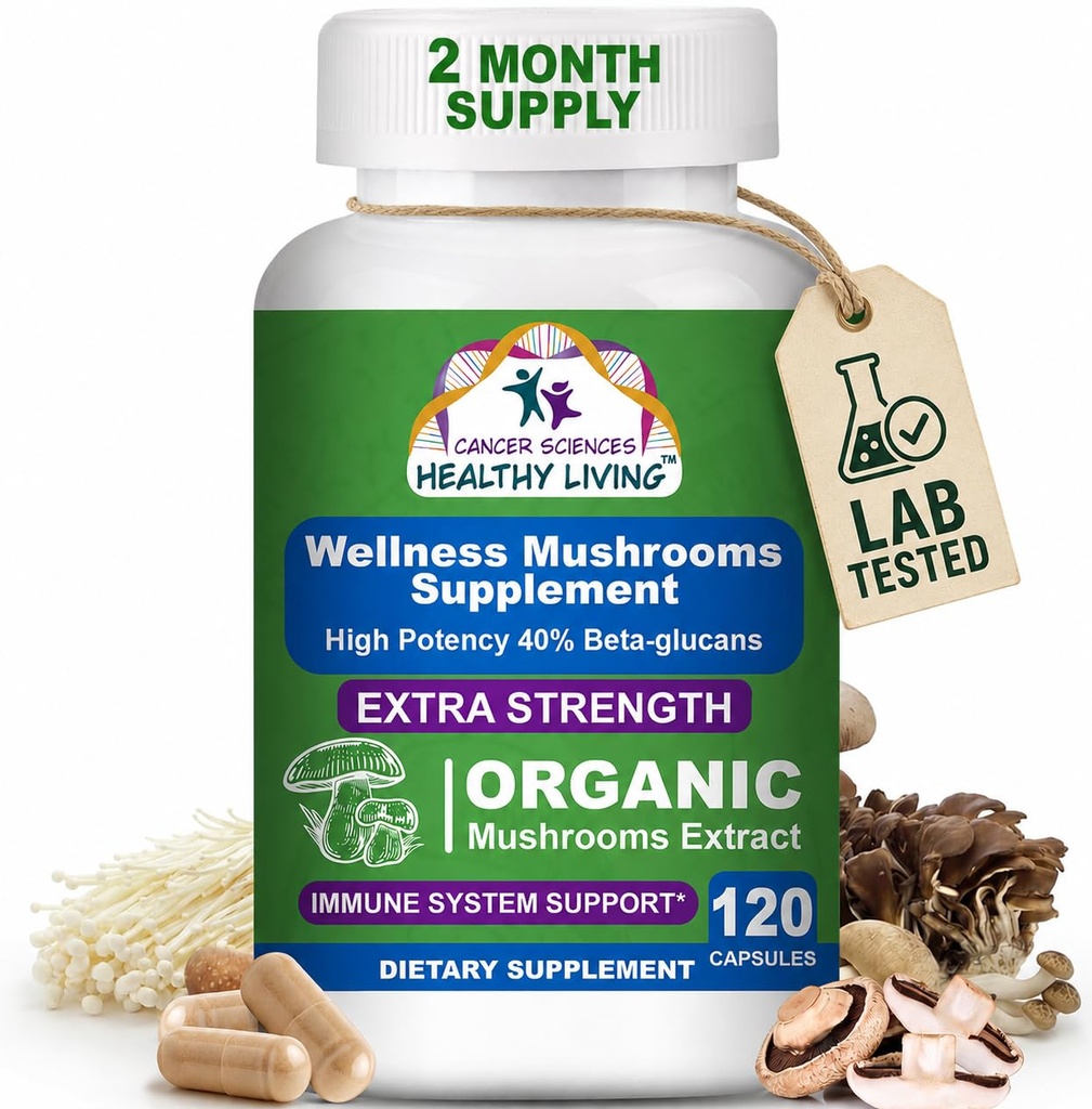 Cancer Sciences Organic Mushroom Supplement Kapsler - 1.500mg Non- GMO Wellness Mushroom Complex 40% Beta- Glucans - Tyrkiet Hale, Reishi, Cordyceps, Chaga Extract for Brain & Immunsupport 120 Kapsler