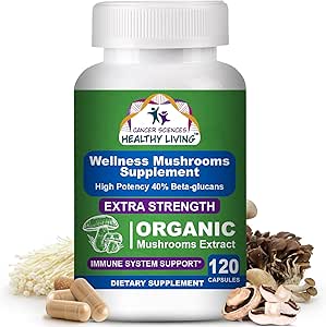 Cancer Sciences Organic Mushroom Supplement Kapsler - 1.500mg Non- GMO Wellness Mushroom Complex 40% Beta- Glucans - Tyrkiet Hale, Reishi, Cordyceps, Chaga Extract for Brain & Immunsupport 120 Kapsler