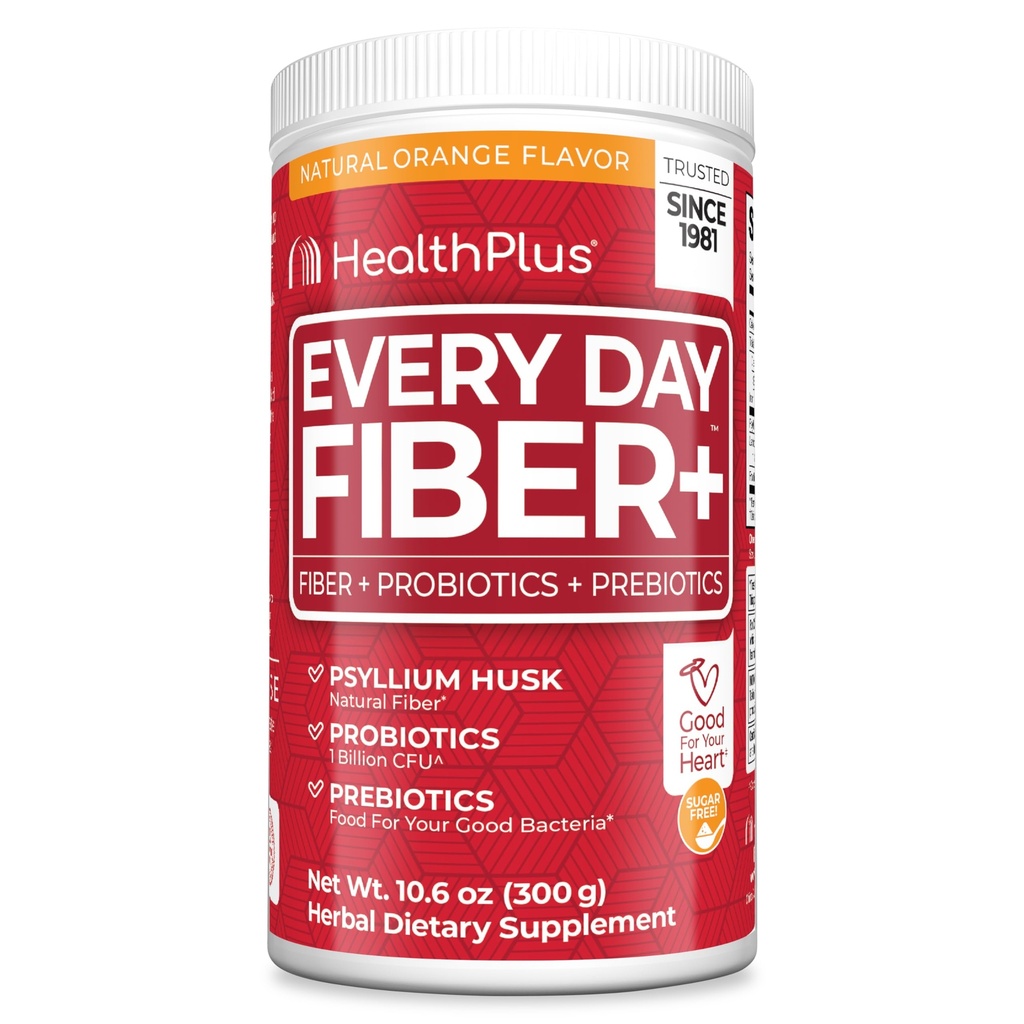 Health Plus Every Day Fiber+ Powder | Fiber + Probiotics + Prebiotics | Supports Digestive Health | Sugar Free, Natural Orange Flavor | 60 Servings