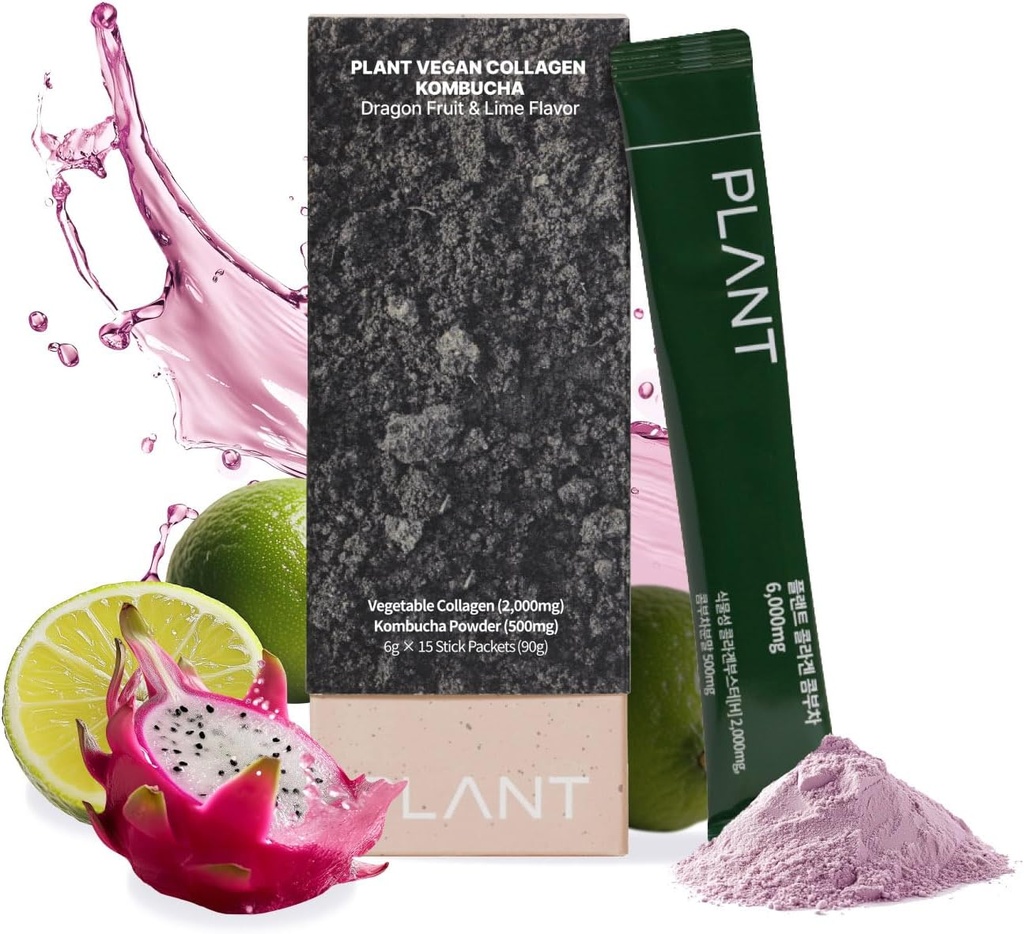 PLANT Vegan Collagen Peptid, Kombucha Powder, Probioitics, C-vitamin: 124; 2000mg Tripeptide Vegetar: Collagen Booster, Dragonfruit Lime: 124; 15 pakker, Gut & Skin Health Anti- Aging Hydration Drink Mix