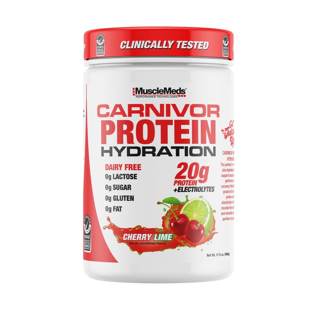 MuscleMeds Carnivor Protein Hydration Drink Powder, 20g Refreshing Protein Isolate, Lactose Free, Sugar Free, Electrolytes, Muscle Building, Recovery, Halal Certified, Cherry Lime, 20 Serve