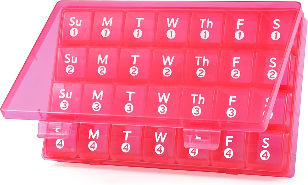 Stor Månedlig Pill Organizer, 28 Dag Pill Box 1 gang om dagen, 4 Uger en Måned Pill Case Container, Travel Friendly Medicine Organizer for Vitaminer, Fiskeolier, Kosttilskud