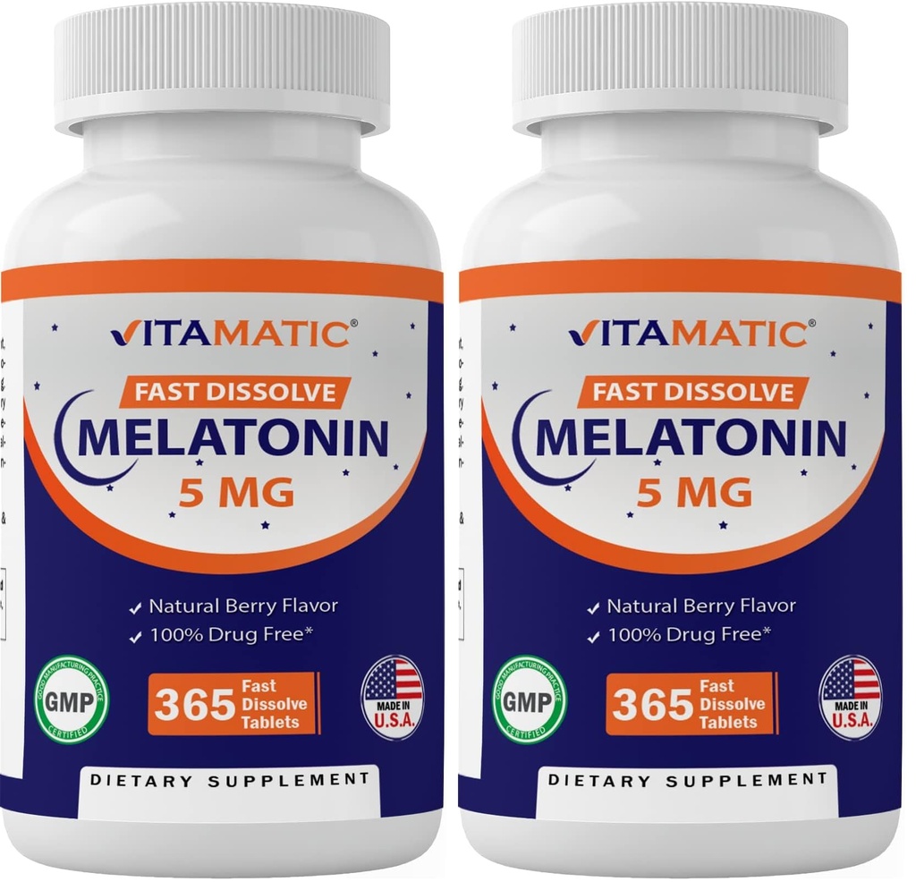 Vitamatic Melatonin 5 mg Tablets | Vegetarian, Non-GMO, Gluten Free | 1 Year Supply | Natural Berry Flavor - 365 Tablets (Pack of 2)