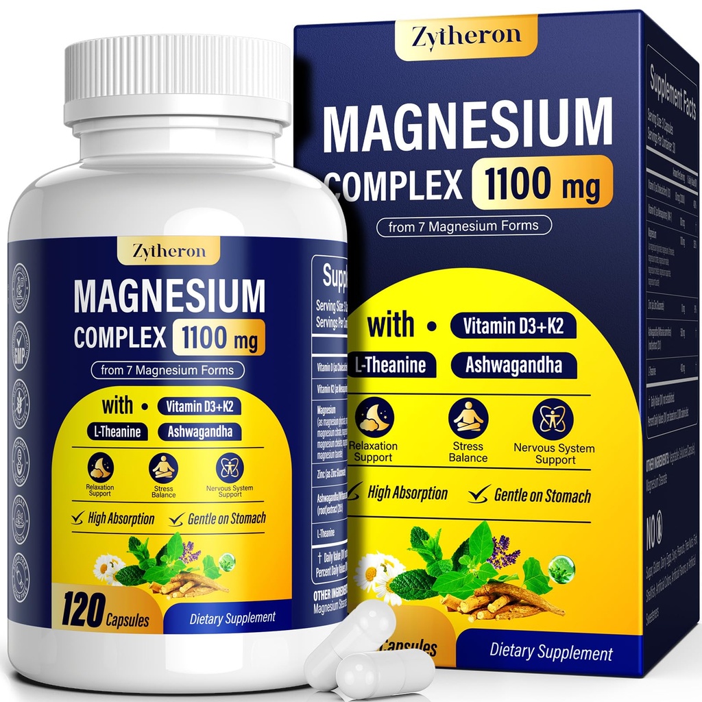 Magnesium Complex for Women & Men 1100mg, 7-in-1 Magnesium Supplement with Ashwagandha & L-Theanine for Calm & Sleep Support, High Absorption, Vegan 120 Capsules