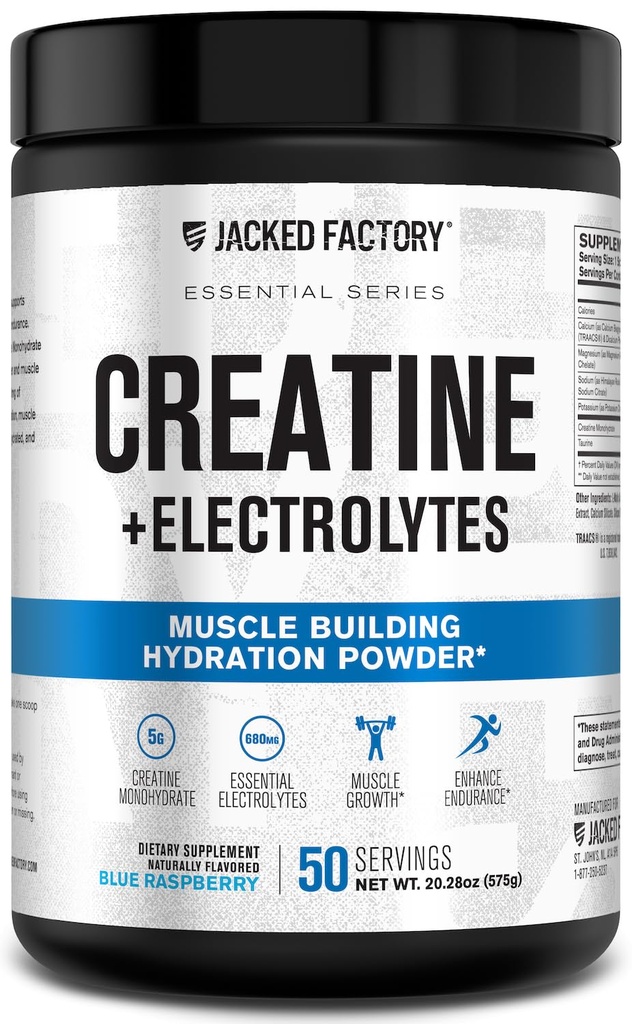 Jacked Factory Creatine + Electrolytes - Creatine Monohydrate with Taurine, Calcium, Sodium, & Potassium to Increase Muscle Growth, Strength, Hydration, & Endurance - 50 Servings, Blue Raspberry