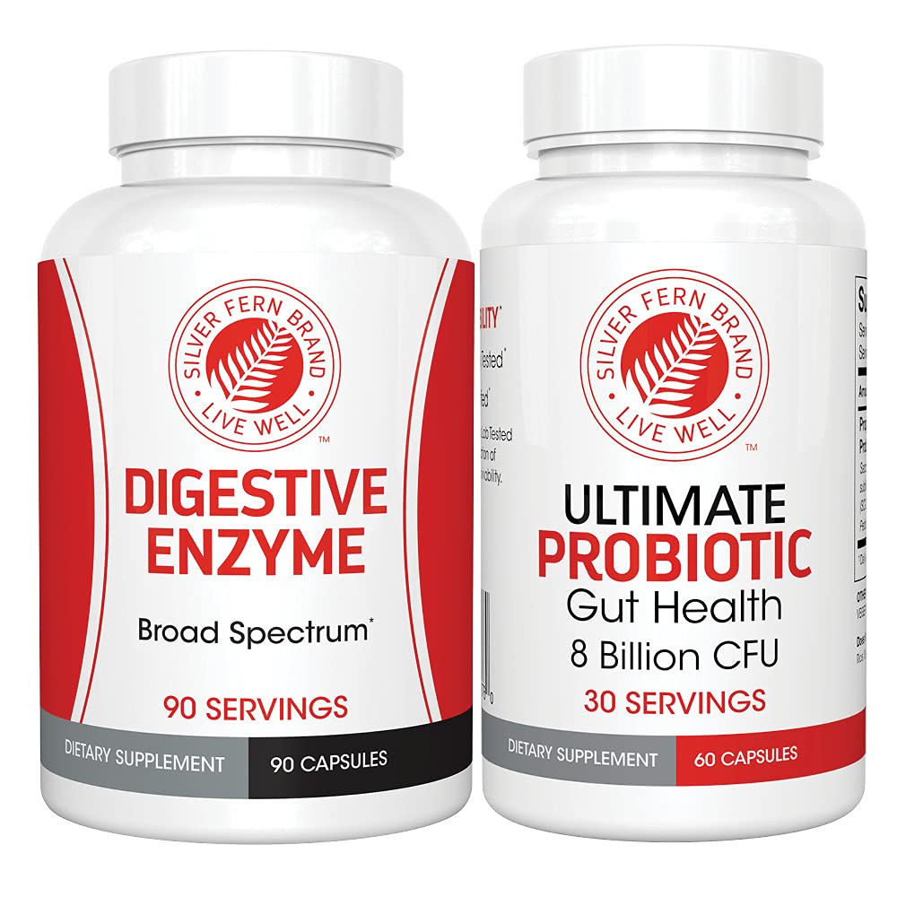 Silver Fern Brand Gut Health Tune Up Kit - Multi Function Ultimate Probiotic (1 Bottle - 60 Capsules) & Digestive Enzyme (1 Bottle = 90 Capsules) Helps Digestive Health, Mood, Reduce Cravings