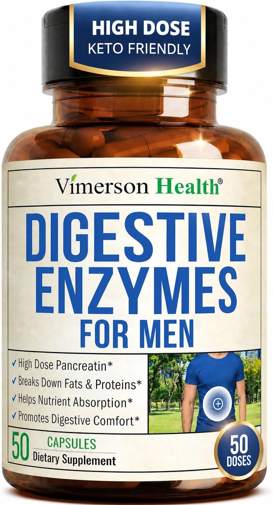 Digestive Enzymes Supplement for Men – High Potency Pancreatin 4X Formula with Amylase, Protease & Lipase – Enzymes for Digestion, Bloating Relief & Gut Health – 50 Capsules