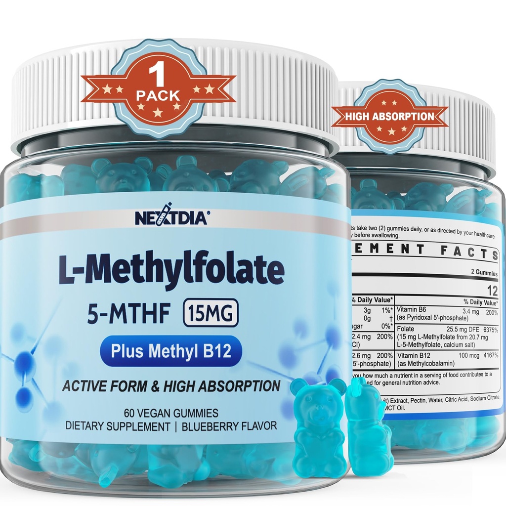 L- MethylFolate 15mg & Methyl B12 Gummies, Metyleret B1, B2, B6 Multivitaminer - Aktiv 5- MTHF & Høj Absorption - Understøtter MTHFR Gene, Cognition, Homocystein Niveauer, Folate Metabolisme, Vegan, 60 Cts