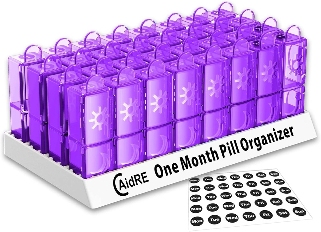 Månedlig Pill Organizer 31 Dag PM - One Month Pill Case for Medications, Vitaminer & Kosttilskud - Easy Open Daily Pill Box Organizer, 2 gange en dag Pill Dispenser, Lilla