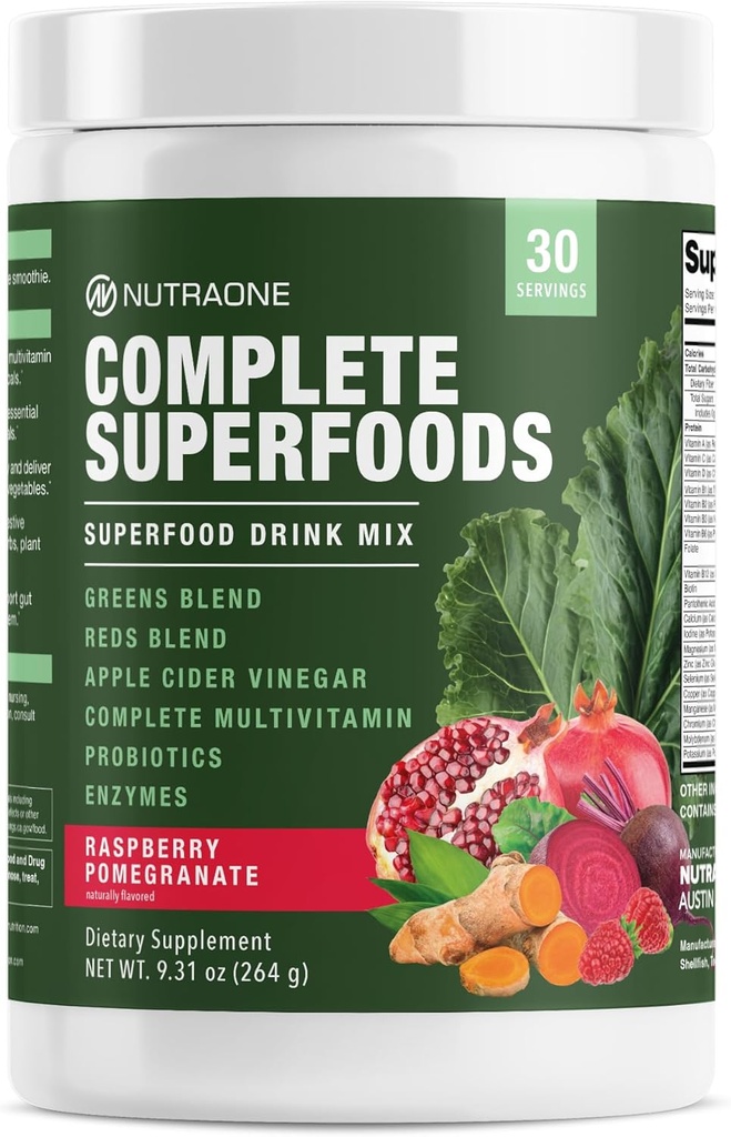 Complete Superfoods, Greens & Reds Blend*, Apple Cider Vinegar, Digestive Enzyme Blend*, Probiotic Blend*, Multivitamin* (Raspberry Pomegranate - 30 Servings)