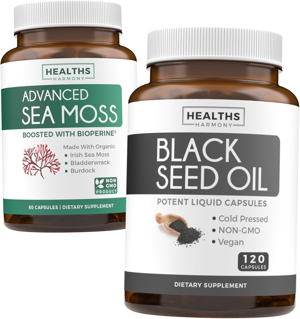 Black Seed & Sea Moss (1-måned Tilgang) Nærende Nature Bundle of Black Seed Oil 120 Softgel Kapsler (Non- GMO & Vegan) Cold- Pressed Nigella Sativa & Irish Sea Moss Kapsler (Non- GMO & Organic)