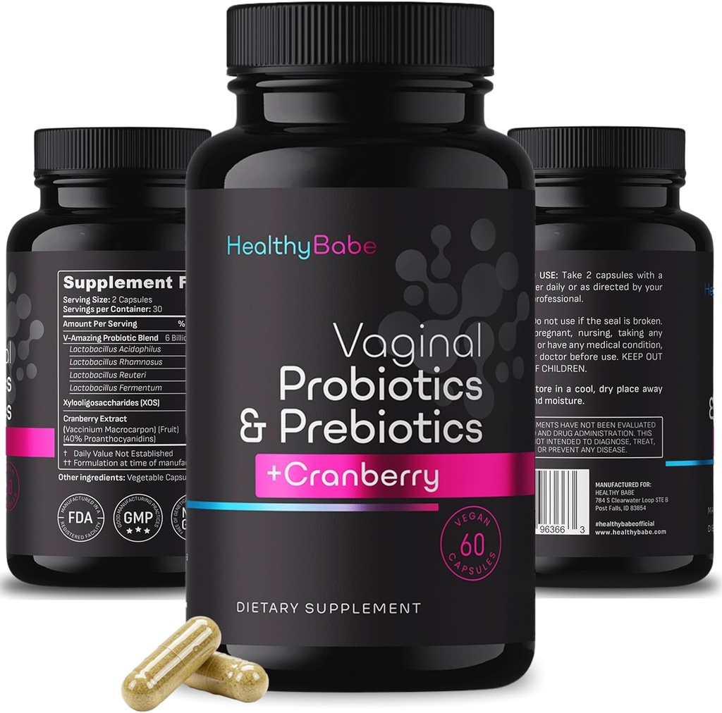 Healthy Babe Vaginal Probiotics for Women + Prebiotics & Cranberry Pills, pH Balance, Healthy Odor, Yeast, Immune Support, Positive Microbiome Health, Women’s Acidophilus Probiotic, 60 Vegan Capsules