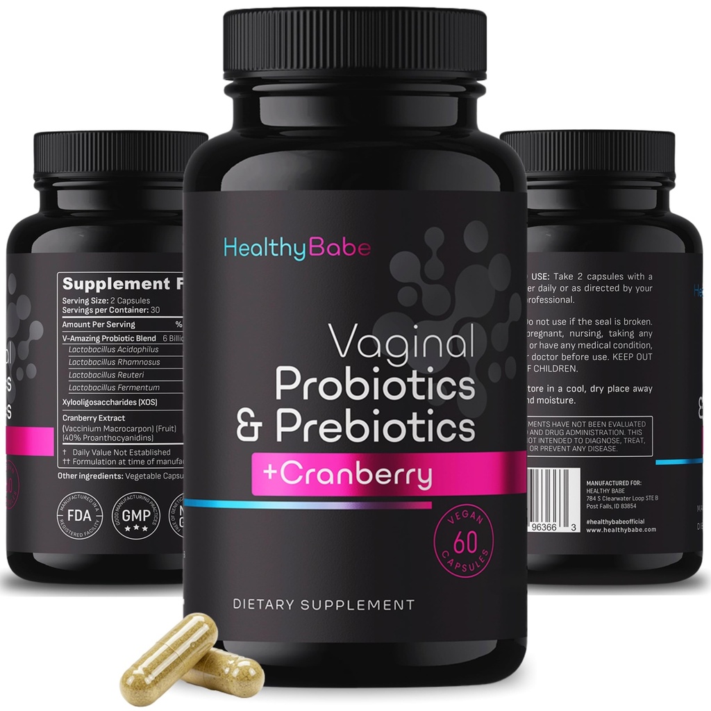 Sund Babe Vaginal Probiotika til kvinder + Prebiotika & Cranberry Pills, pH balance, sund lugt, Gær, immunforsvar, positiv mikrobiom sundhed, kvinders Acidophilus Probiotika, 60 Veganske kapsler