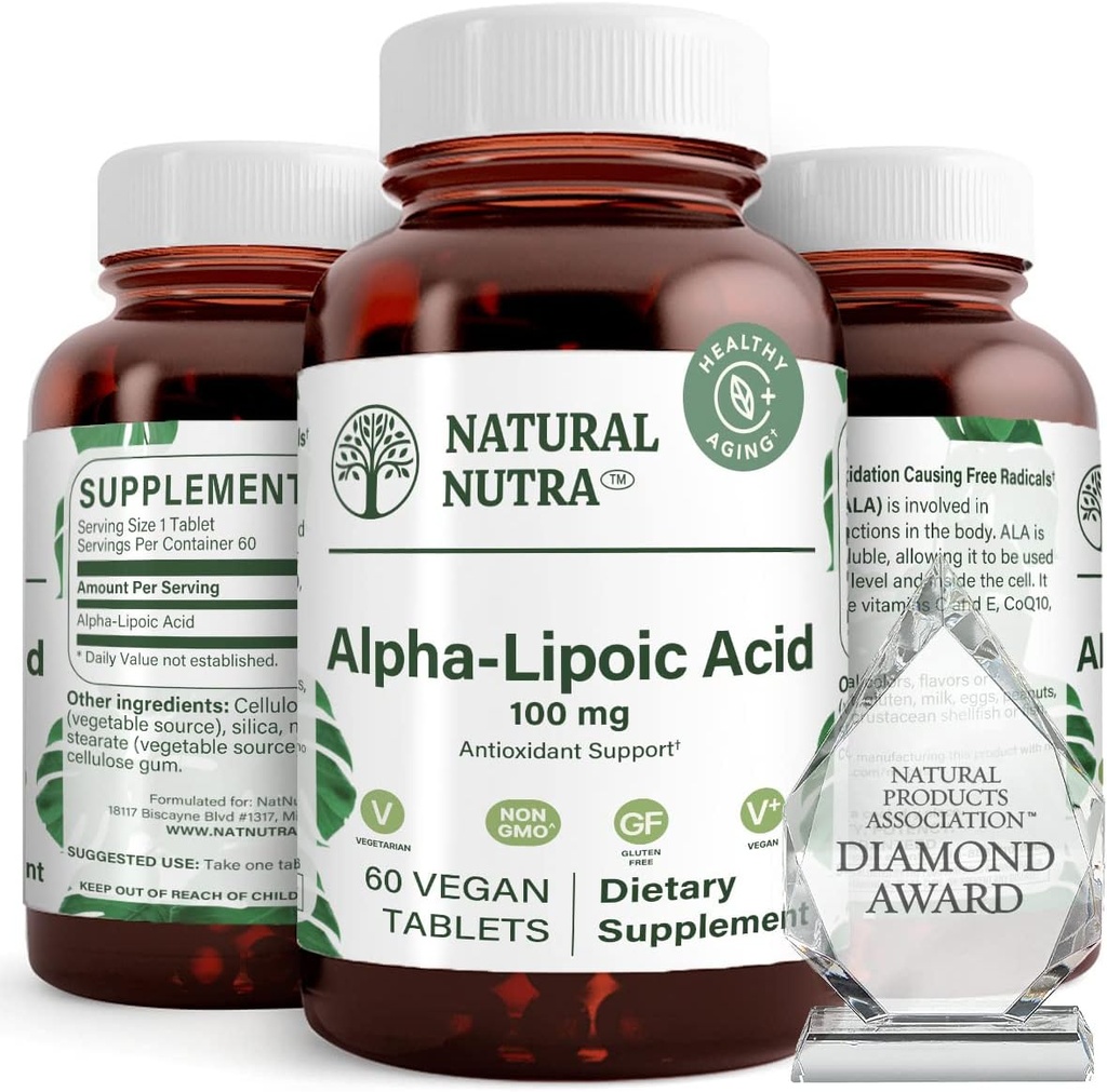 Naturlig Nutra R- Alpha lipoid, Forbedre ben og hjerte sundhed, Forbedre hukommelse funktion, Forbedre nerve funktion Bidrager til total sundhed, Gluten Free 100 mg, 60 Vegansk og Vegetariske tabletter.
