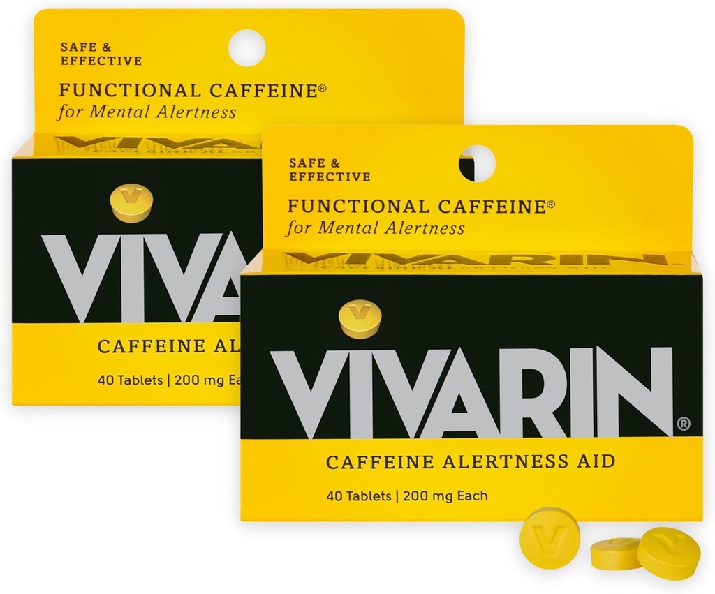 Vivarin, Caffeine Pills 200mg Caffeine per Dose, Safely and Effectively Helps You Stay Awake, No Sugar, Calories or Hidden Ingredients, Energy Supplement, 20 Count, Pack of 2