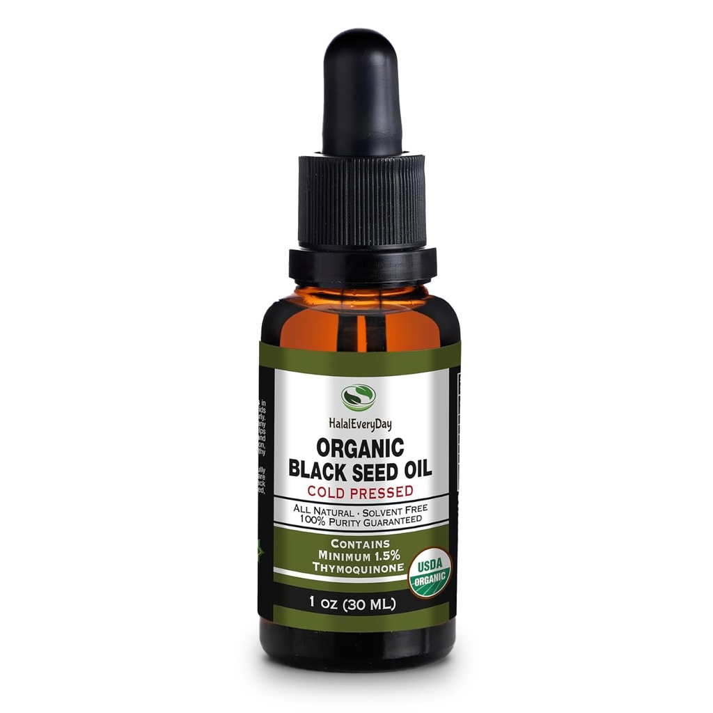 Organic Black Seed Oil - USDA Certified Cold Pressed Glass Flaske Over 1,5% Thymoquinone 3X styrke Tyrkisk Black Cumin Nigella Sativa non-GMO 100% Pure Blackseed Oil (1oz Glass Dropper Flaske)