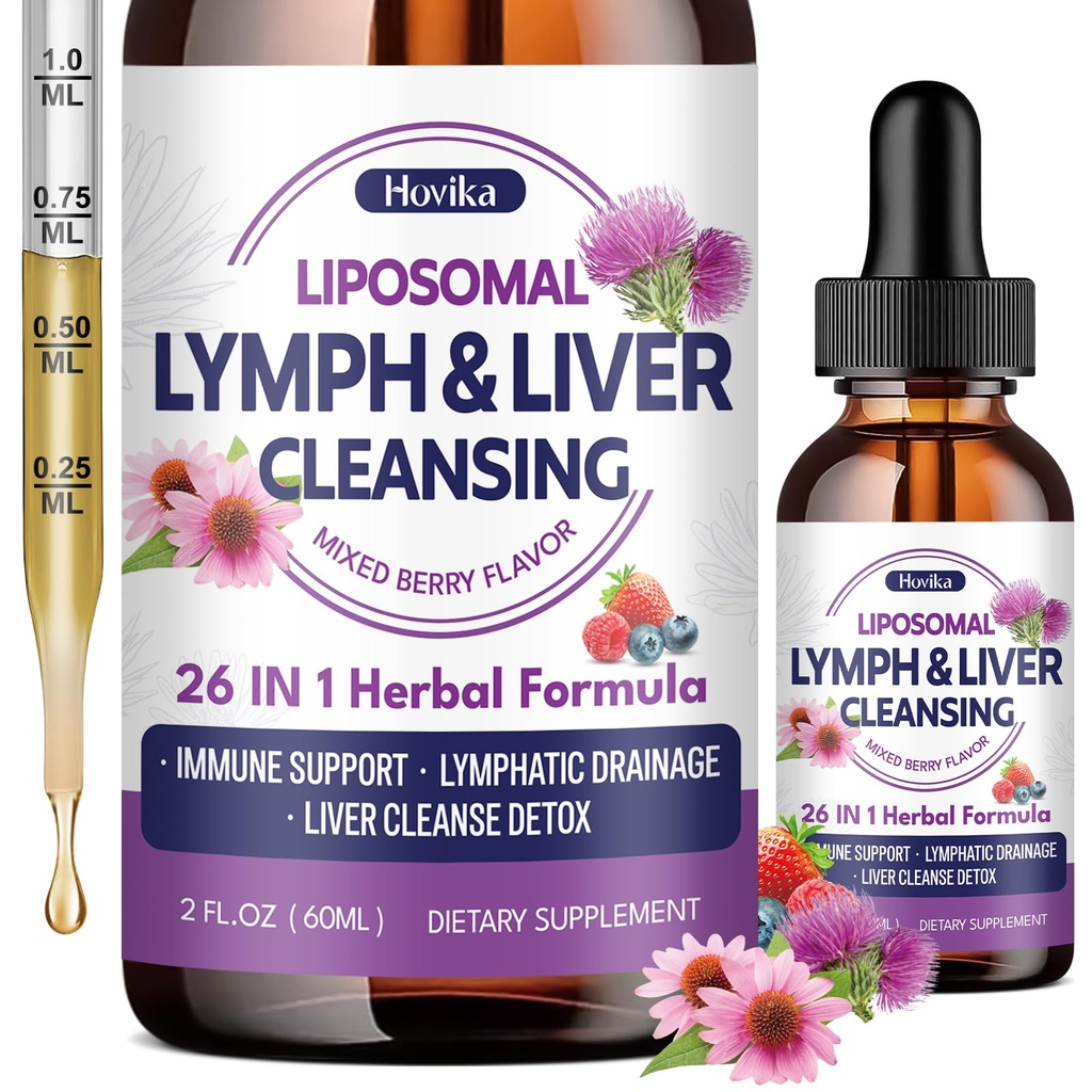 Liposomal Lymphatic Drainage Drops, 26 in 1 Liver Cleanse Detox & Repair with Milk Thistle, Echinacea, Glutathione, Vitamins, Lymph-Liver Cleanse, Gut & Metabolic Health - Mixed Berry Flavor 2 Fl Oz