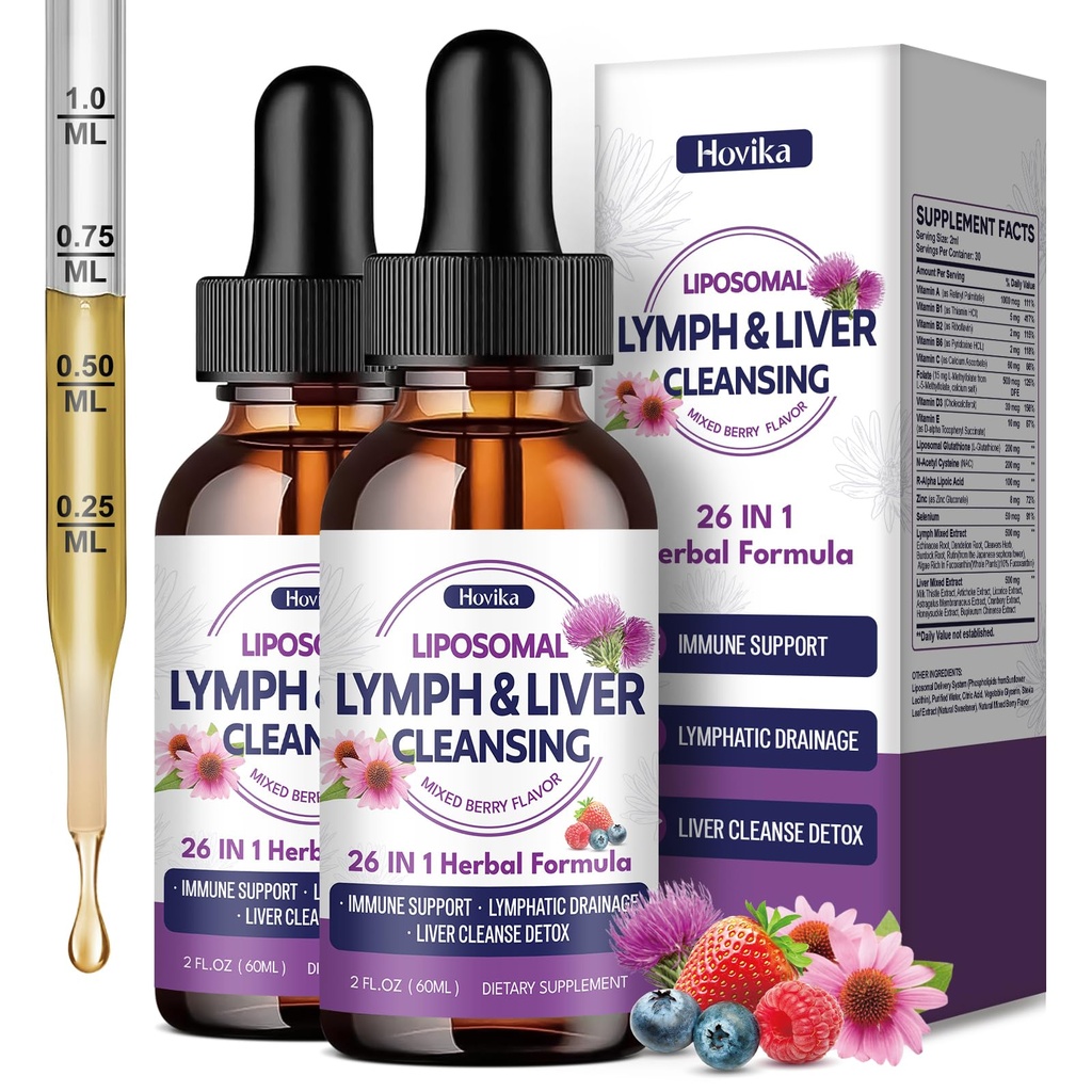 Liposomal Lymphatic Drainage Drops, 26 in 1 Liver Cleanse Detox & Repair with Milk Thistle, Echinacea, Glutathione, Vitamins, Lymph-Liver Cleanse, Gut & Metabolic Health - Mixed Berry Flavor 4 Fl Oz