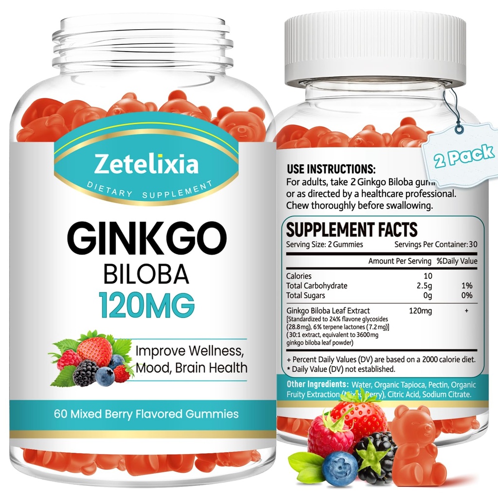 2 Pack Ginkgo Biloba Gummies for kvinder og mænd, Brain Supplement Forbedre bedre Mod og Fokus, Vegansk blandet Berry Flavor 120 Greve