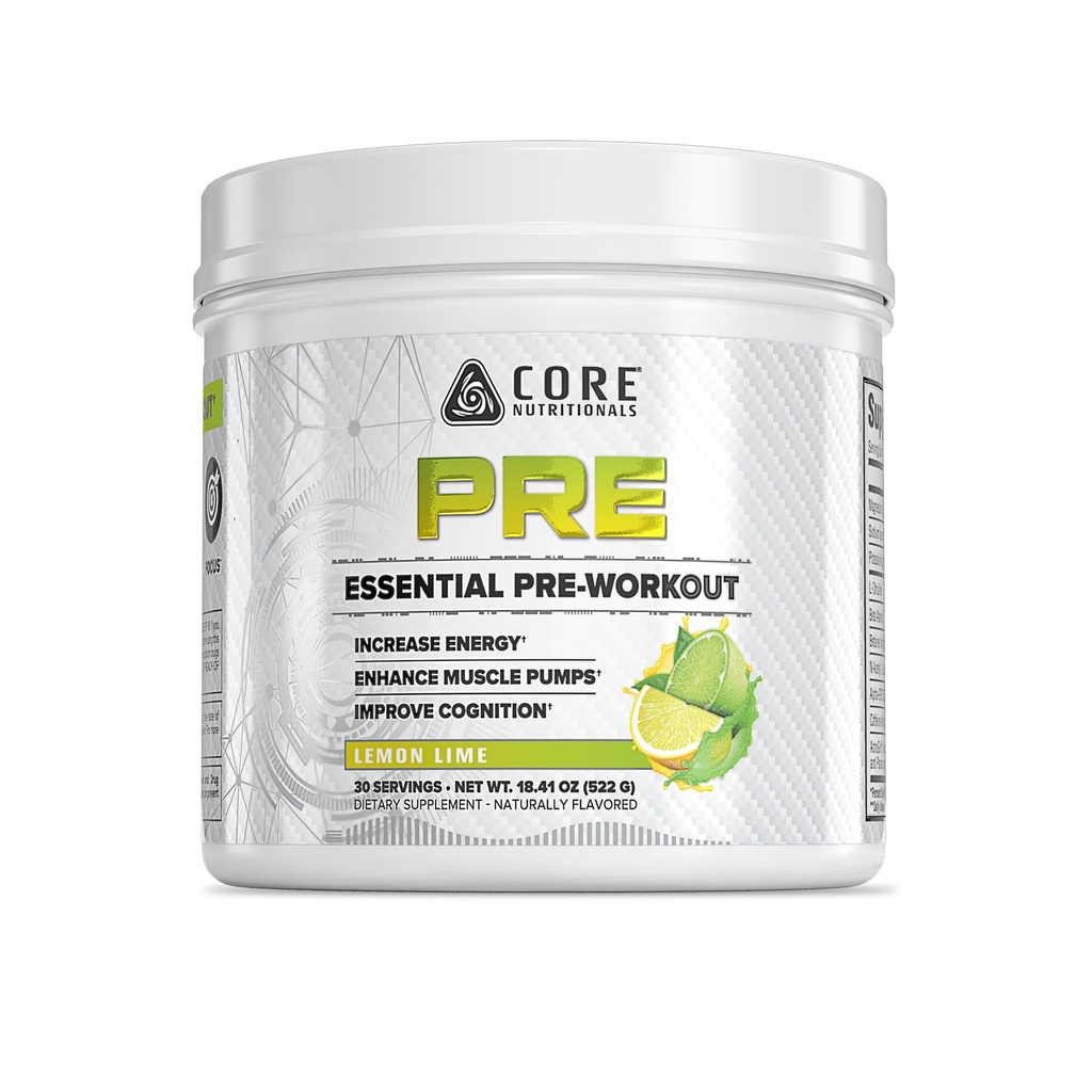 Core Nutritionals Essential Pre Workout | for Energy & Muscle Pumps | L-Citrulline & Beta Alanine | 200mg Caffeine | 30 Servings (Lemon Lime)
