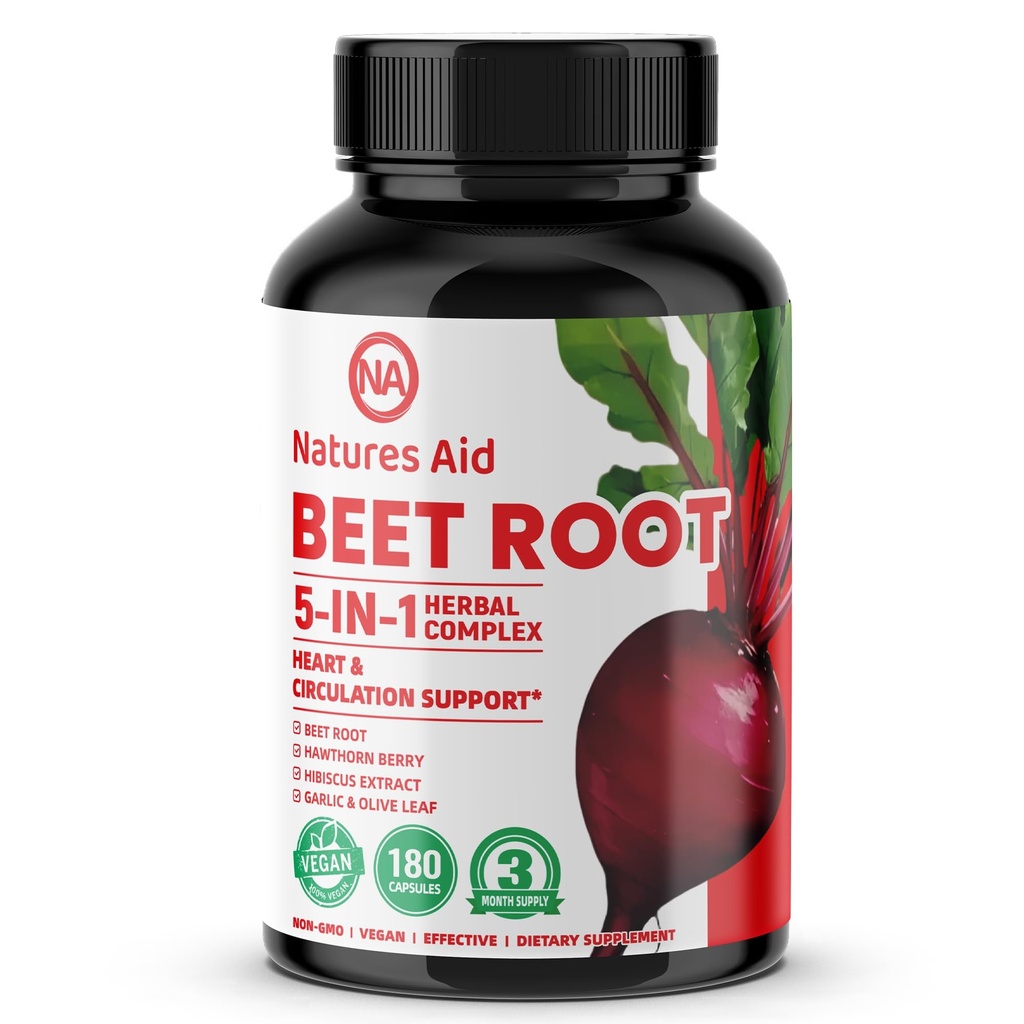 Natures Aid Beet Root Capsules - Super Beets Supplements from Fresh Beetroot Extract for Nitric Oxide, Blood Pressure & Heart Health Support- 180 Capsules