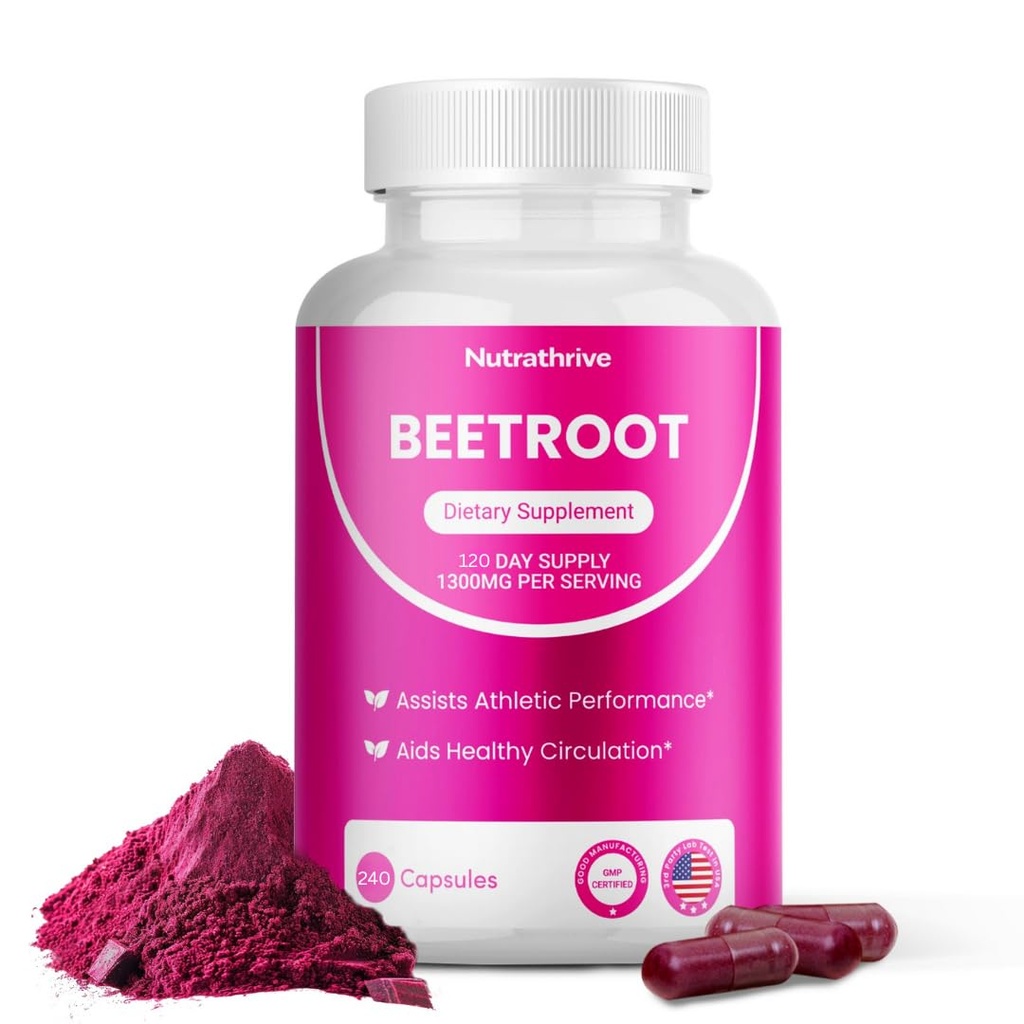 Nutrathrive Organic Beet Root Capsules – 1300mg Beetroot Powder per Serving – Circulation & Stamina Support – Non-GMO, Vegan, Gluten-Free – Veggie Caps – Made in USA (240 Count, Unflavored)