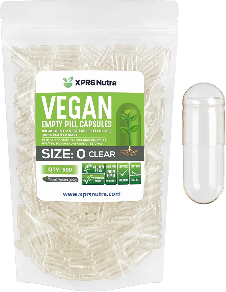 XPRS Nutra Størrelse 0 Tomme kapsler - 500 Grev Tomme Veganske kapsler - Vegetariske piller - DIY Vegetabilske Kapsler Fyldning - Veggie Pill Caps til Do- It- Yourself Kosttilskud