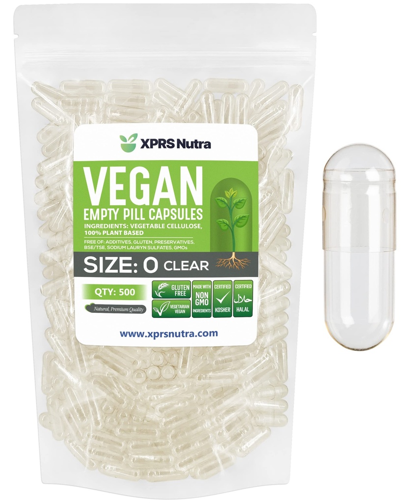 XPRS Nutra Størrelse 0 Tomme kapsler - 500 Grev Tomme Veganske kapsler - Vegetariske piller - DIY Vegetabilske Kapsler Fyldning - Veggie Pill Caps til Do- It- Yourself Kosttilskud