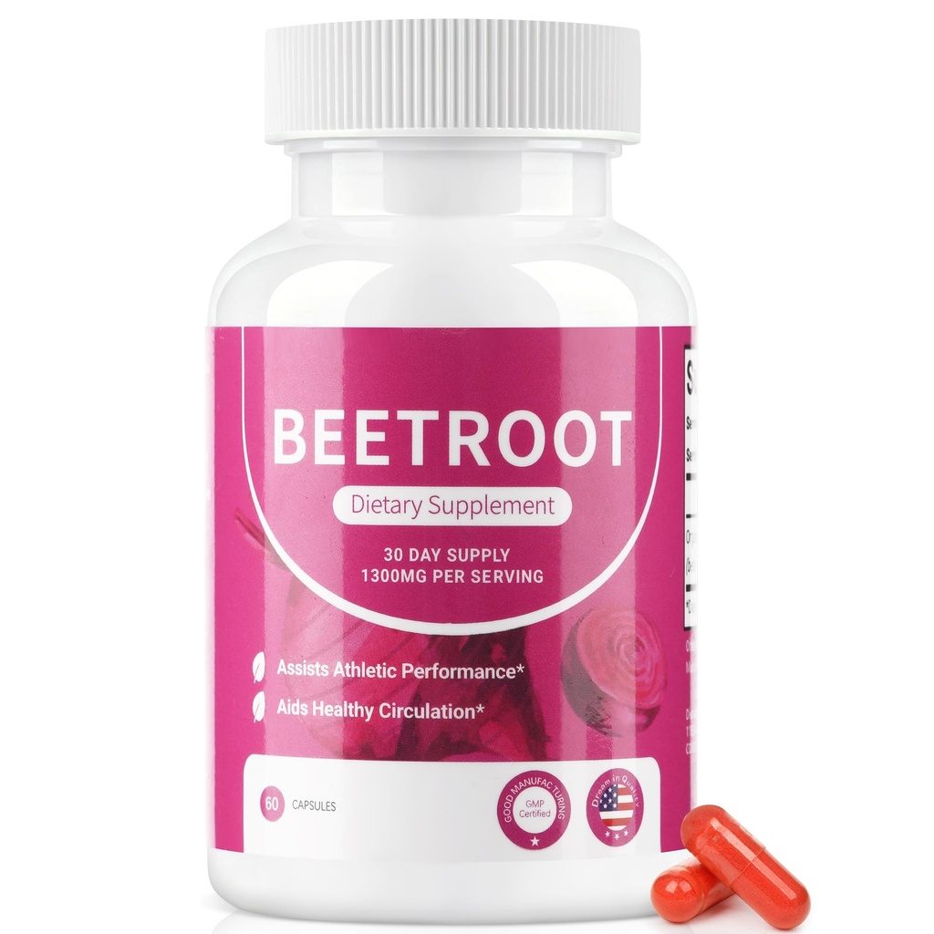 Organic Beet Root Capsules, Natural Beet Root for Daily Wellness and Energy Support, with Naturally Occurring Plant Nitrates, Vegan, Non-GMO, 60 Capsules, Gluten-Free-1300mg