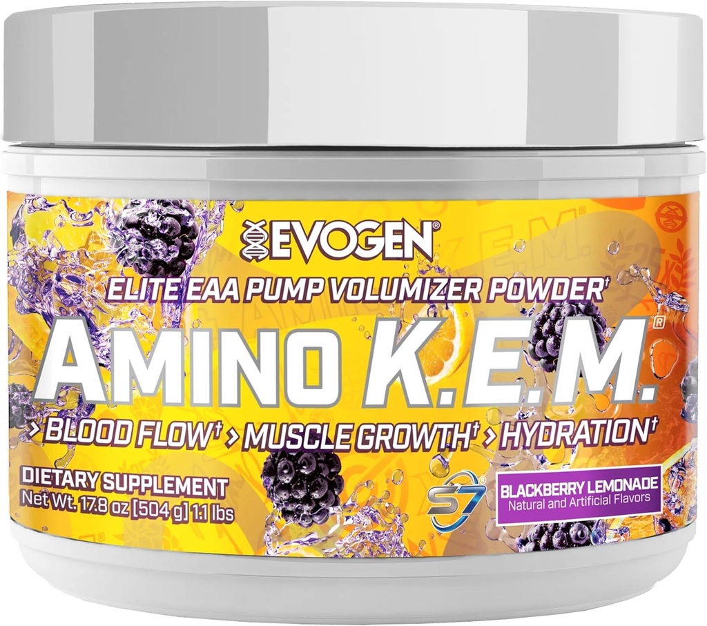 Evogen Amino K.E.M. - EAA & BCAA Powder Pump Volumizer (BCAAs Aminosyrer) Supplement for blodgennemstrømning, muskelvækst, & Hydration; 124; BlackBerry Lemonade (124; 30 Servere)