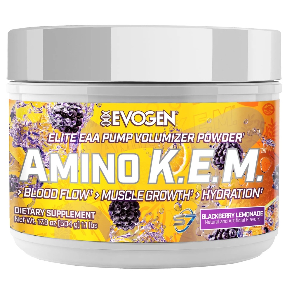 Evogen Amino K.E.M. - EAA & BCAA Powder Pump Volumizer (BCAAs Aminosyrer) Supplement for blodgennemstrømning, muskelvækst, & Hydration; 124; BlackBerry Lemonade (124; 30 Servere)