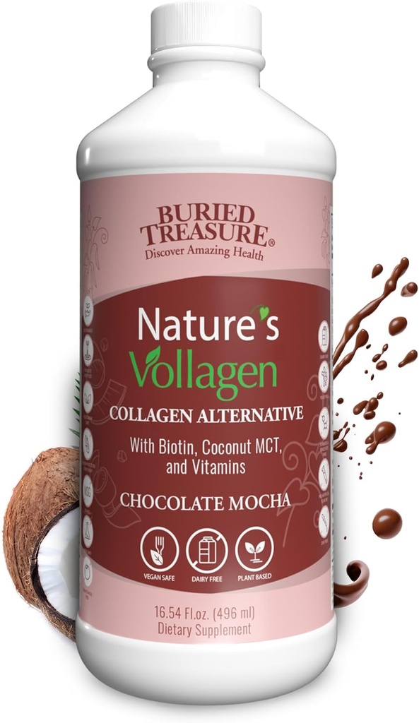Begravet Treasure Nature Vollagen - 2000mg Vollagen kompleks, hud, hår, og fælles sundhed, 100% Plant- baseret, Gluten- fri, Soy- fri, Dairy- fri, Chokolade Mocha Flavor, 16oz Væske