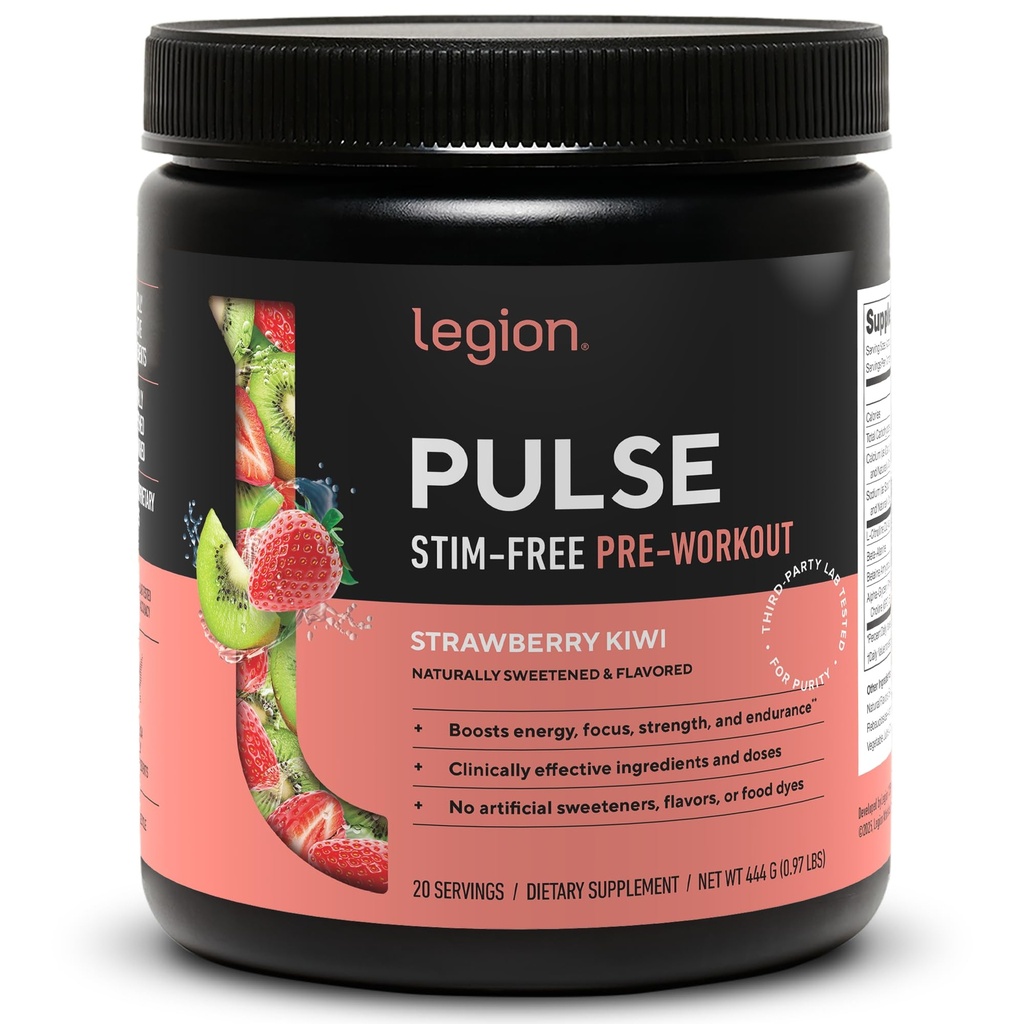 LEGION Pulse Pre Workout Supplement - All Natural Nitric Oxide Preworkout Drink Creatine Free Naturally Sweetened Beta Alanine Citrulline Alpha GPC - Caffeine Free Strawberry Kiwi Pre Workout Powder