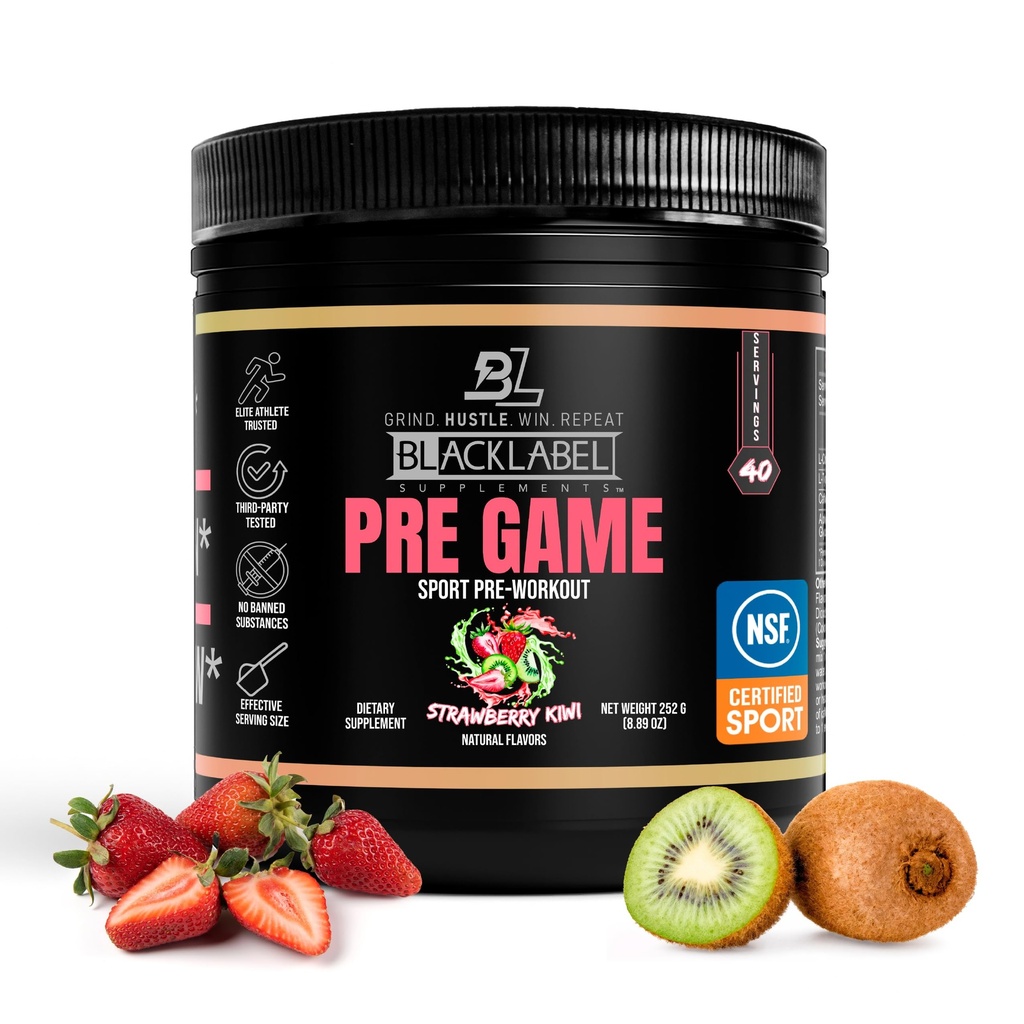 BLACKLABEL Supplements PRE-Game Pre Workout Powder, Strawberry Kiwi (40 Servings) – NSF Certified for Sport – Customizable 150mg Caffeine for Energy & Focus – Low-Stimulant Pre Workout for Men Women