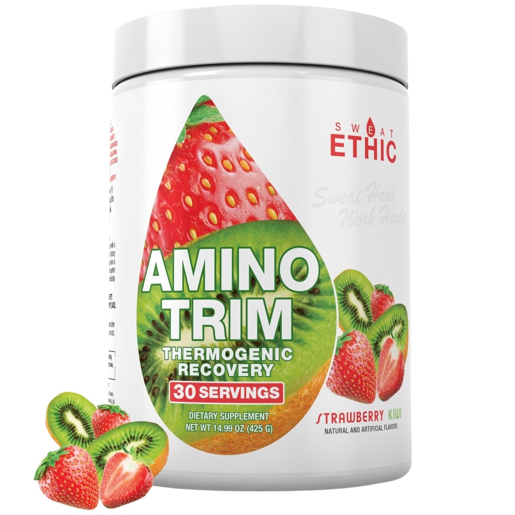 Sweat Ethic Amino Trim, Pre Workout Powder with Amino Acids for Men & Women, 7.5 G EAAS with Electrolytes for Hydration & Energy, Stimulant Free, Sugar Free, Strawberry Kiwi Flavor, 30 Servings
