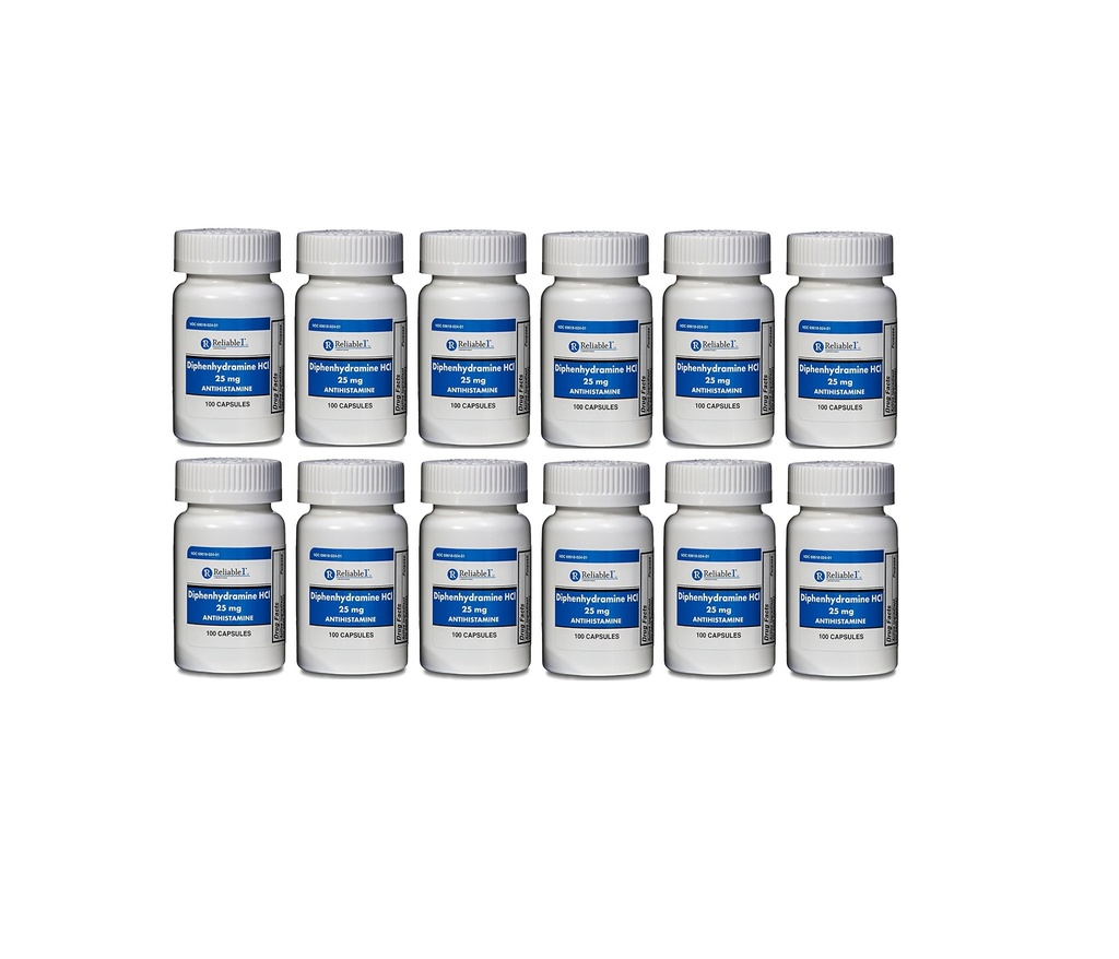 Diphenhydramine 25 mg Generic Benadryl Allergy Medicine and Antihistamine 100 Capsules per Bottle Pack of 12