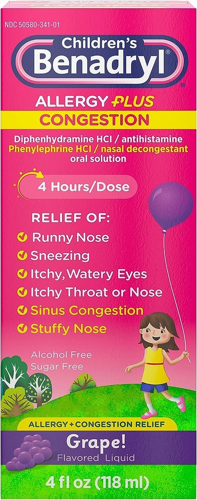Childrens Benadryl Allergy Plus Congestion Grape Flavored Liquid 4 fl oz. Box - 24 per case.