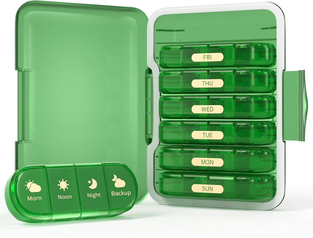Ugentlig Pill Organizer 4 gange om dagen, 7 dag Pill Box 4X, Portable for Travel Pill Case for Pills / Vitamin / Fish Oil / Medicin / Kosttilskud (4x7 Green)