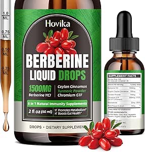 Berberine HCL Liquid Drops - 1500 mg Berberine Supplement med Ceylon Cinnamon, Chrom, Gurkemeje, Niacinamid - Understøtter Metabolisme og immunsystem, Gut Health - 2 FL Oz Vegan