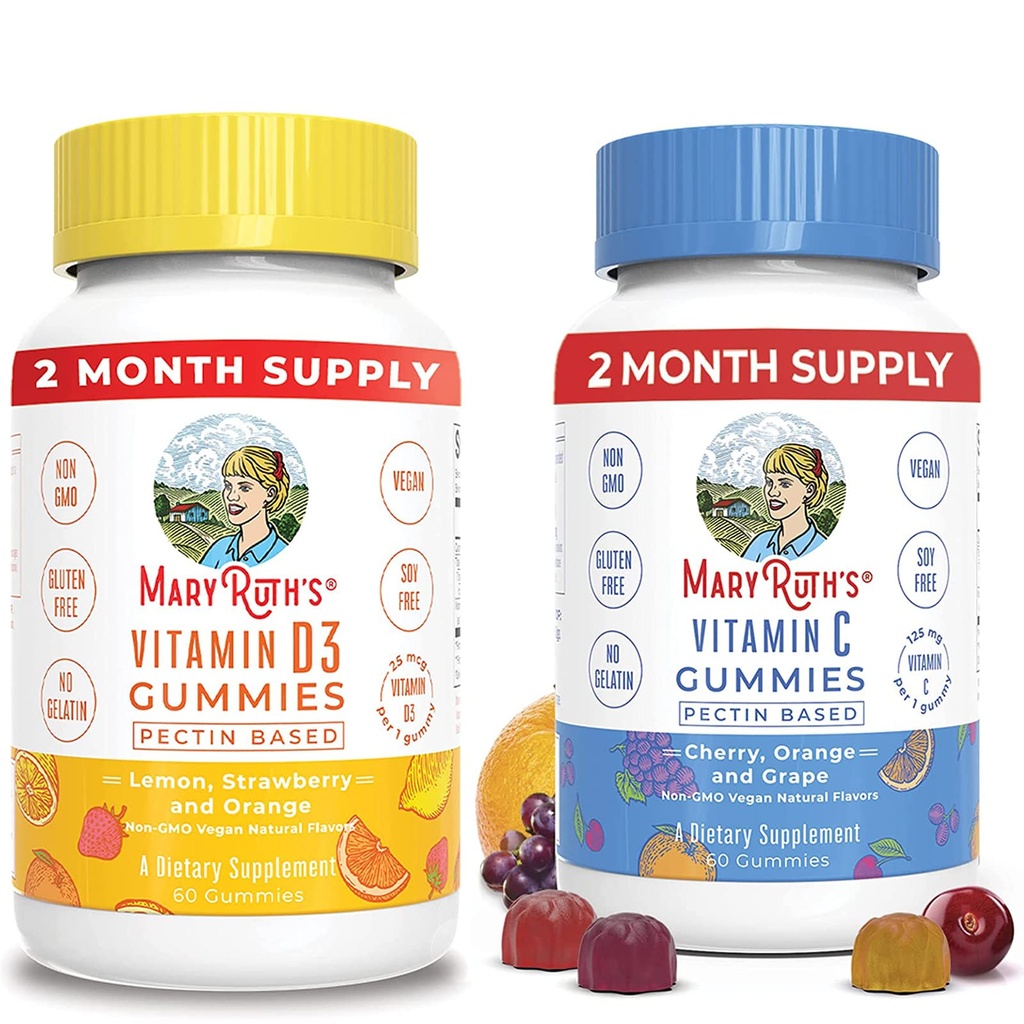 MaryRuth Organics Kids Vitamin D3 Gummies & Vegan Vitamin C Gummies Bundle, Supplement for Bone Strength, Phosphorus and Calcium Absorption, Supports Immune Function & Overall Health for Adults & Kids
